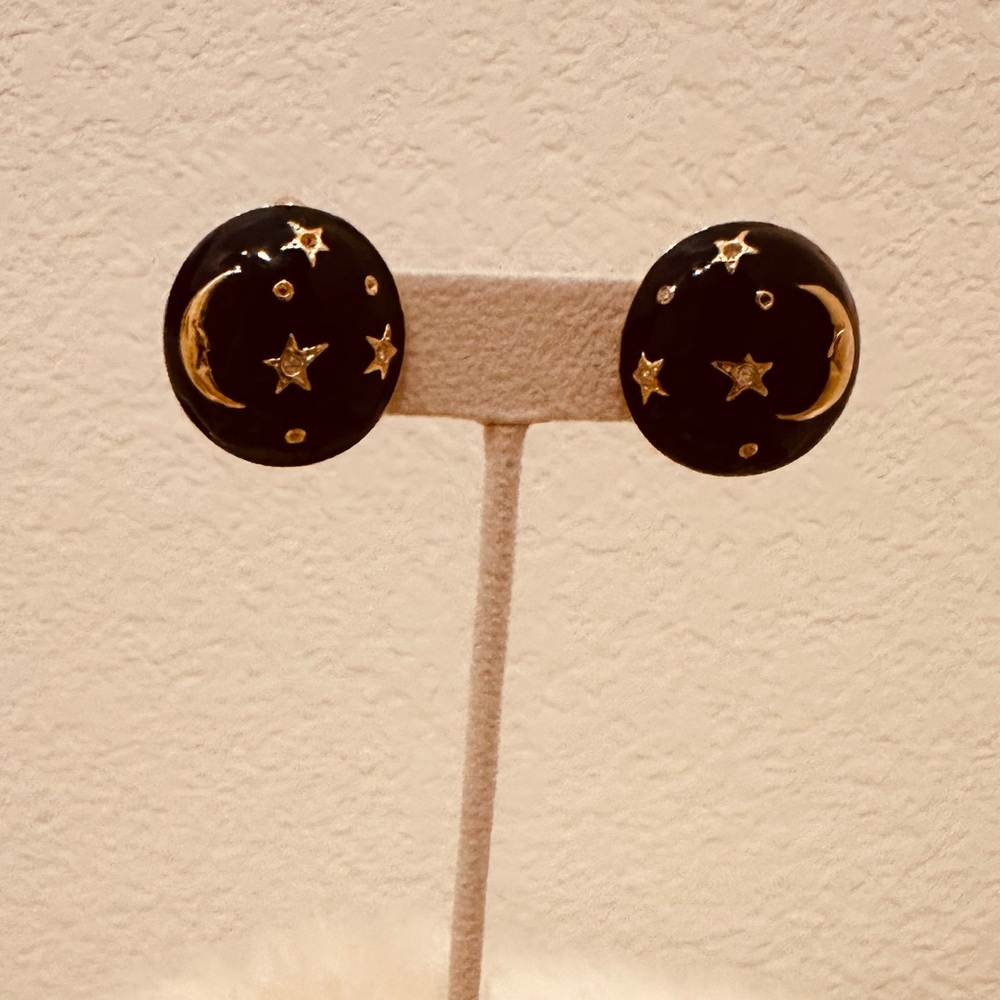 Vintage Vedome Black and Gold Celestial Moon and Stars Earrings